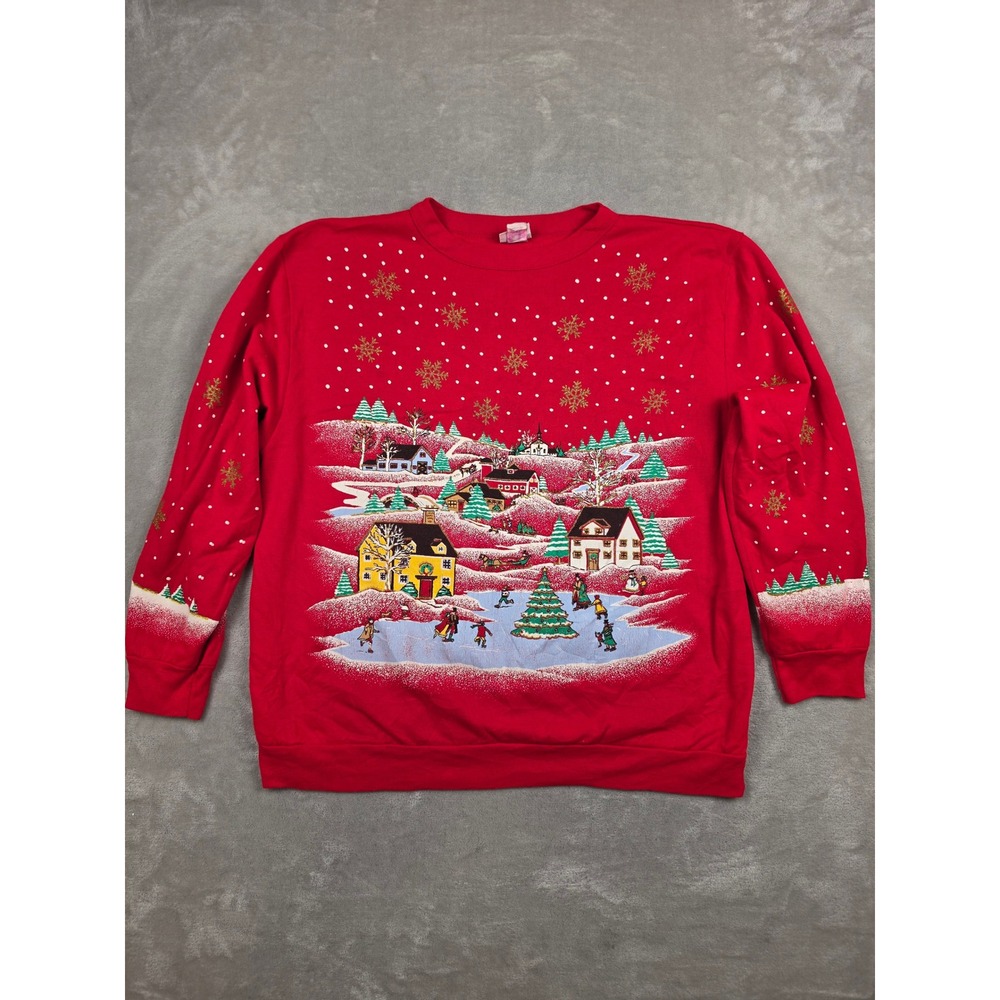 Vintage Holiday Time Sweatshirt Womens XL Red Christmas Winter Village USA Made